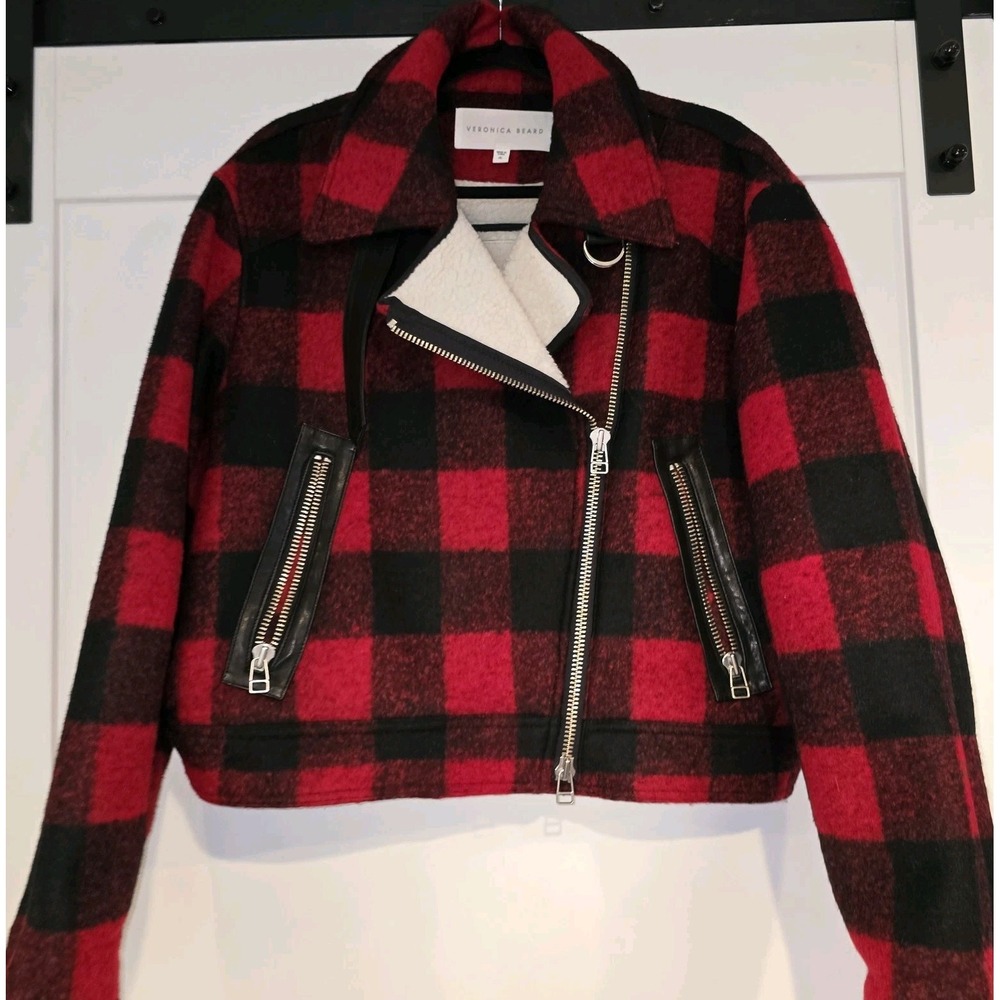 Veronica Beard Benni Faux Shearling Women's Jacket Wool Moto Buffalo Plaid XL